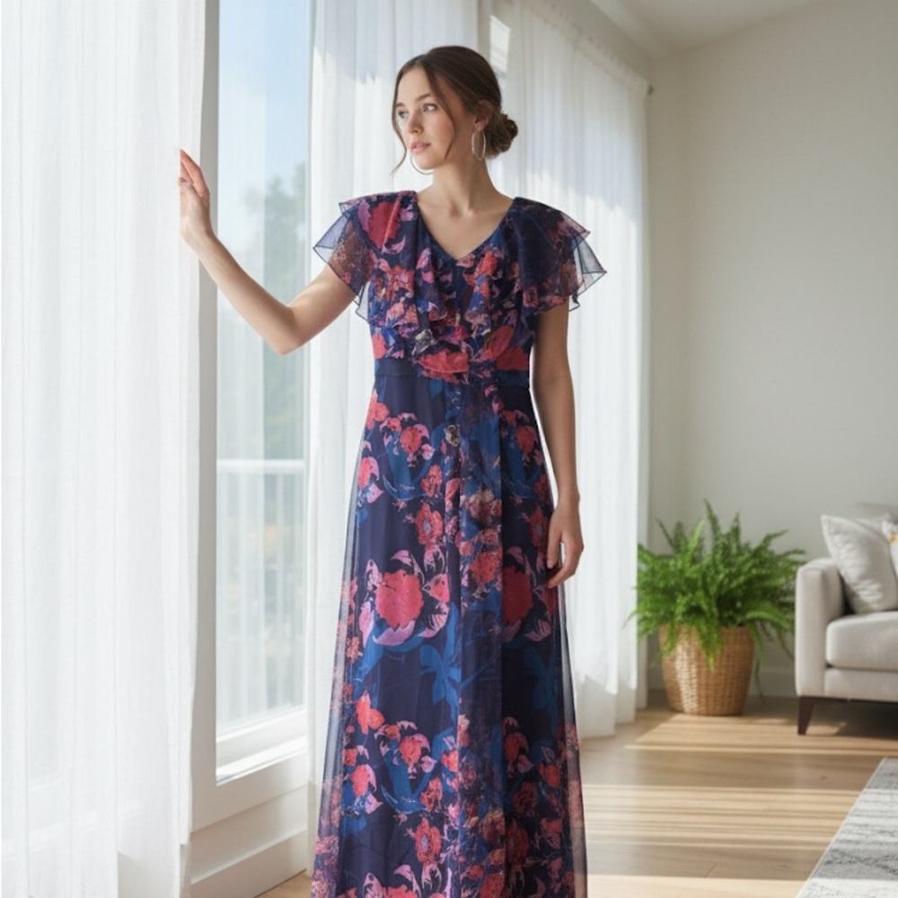 Chic Floral Maxi Dress in Navy and Pink